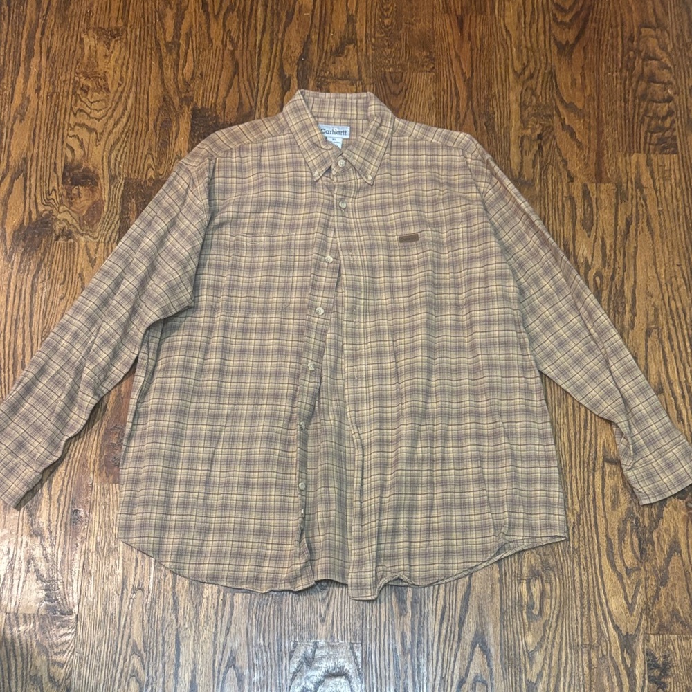 Carhartt Tan Plaid twill Men's Button Down Shirt. XL